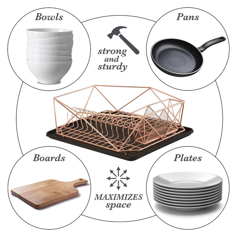 Kitchen Details Geode Deluxe Dish Drying Rack with Drain Board | Cutlery Basket | Utensil Holder | Iron Frame | Copper - Image 3